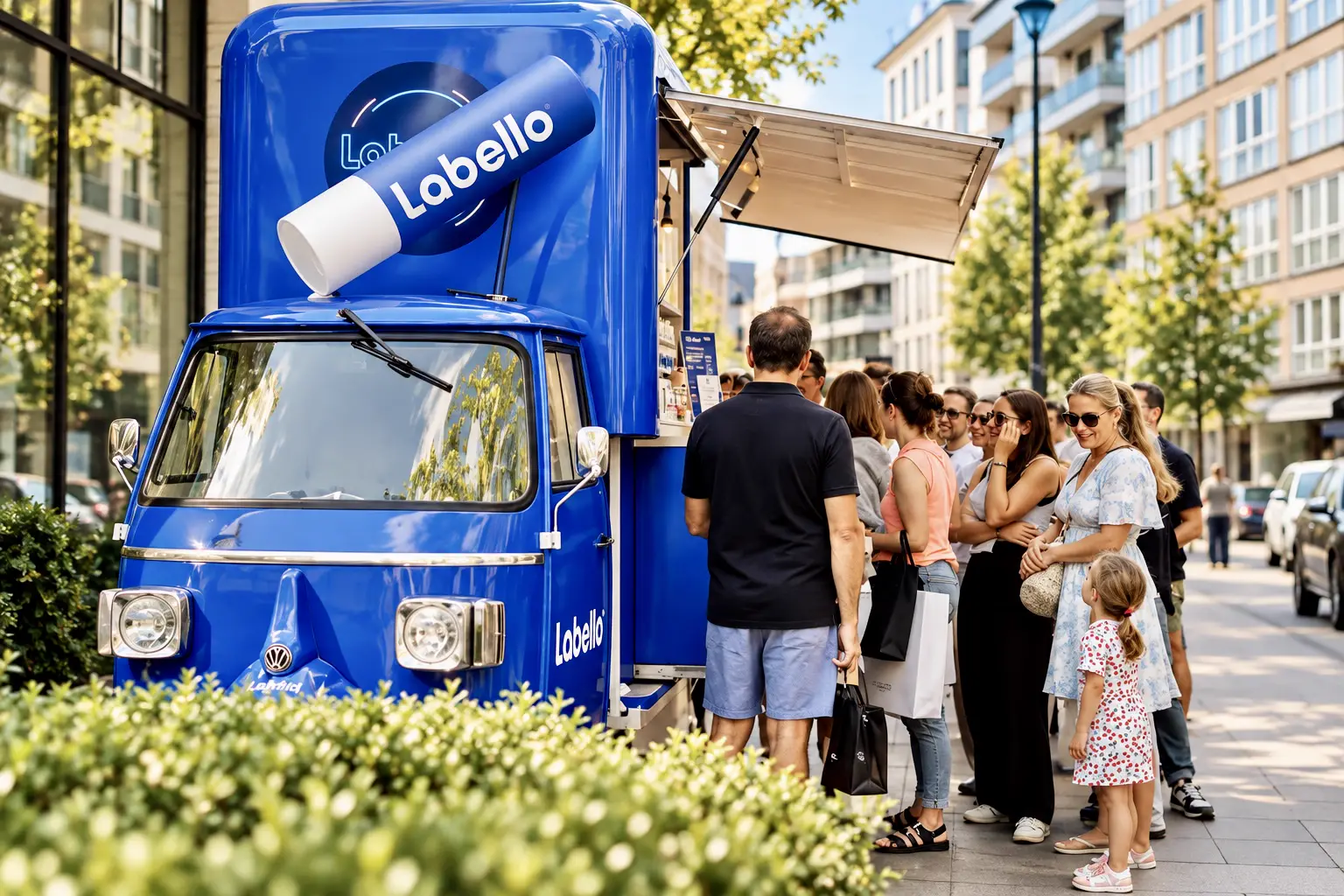 Triporteur bleu au comptoir ouvert, file de visiteurs sur le trottoir