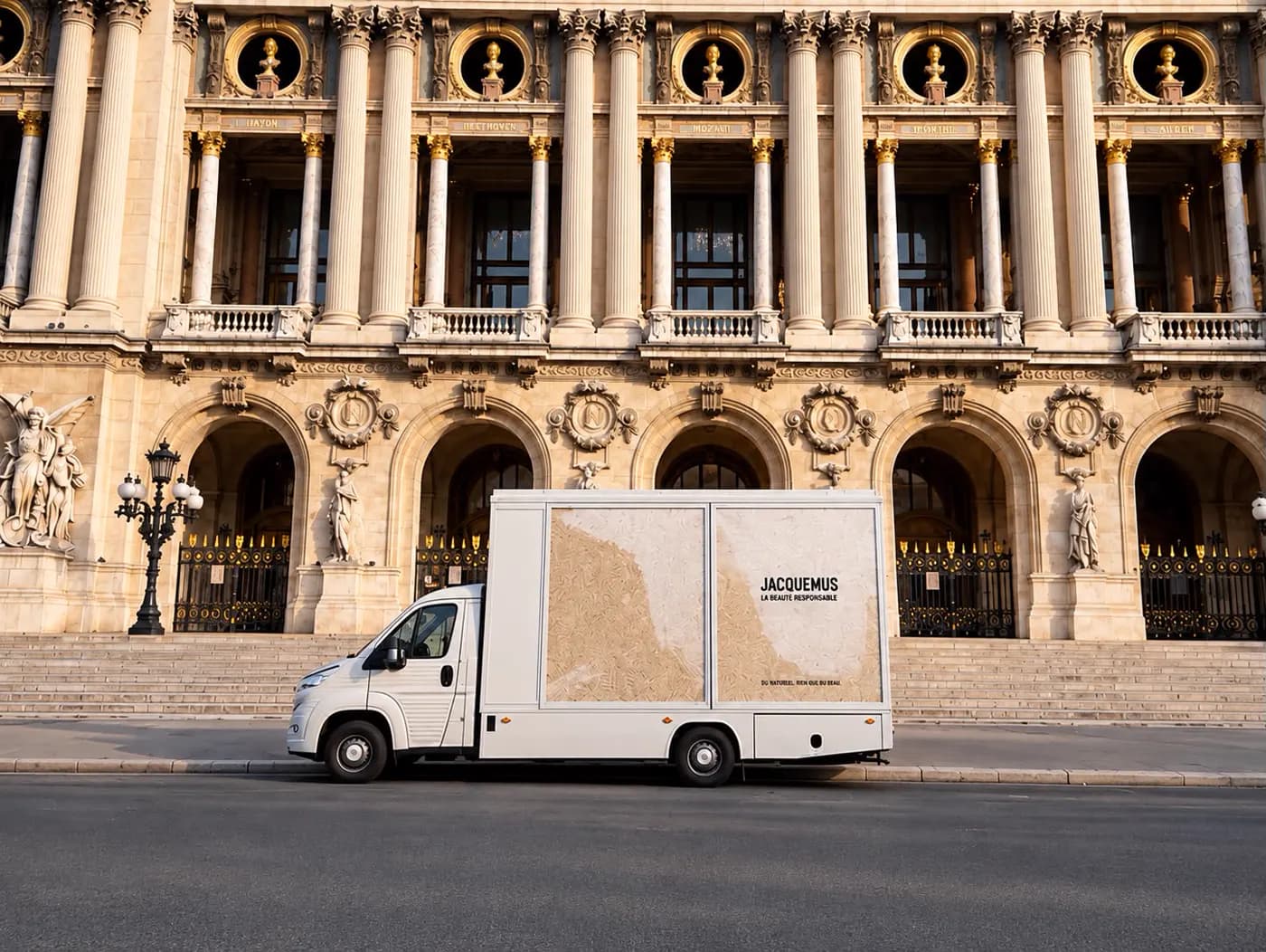 Camion vitrine habillé de beige devant la façade de l'Opéra Garnier