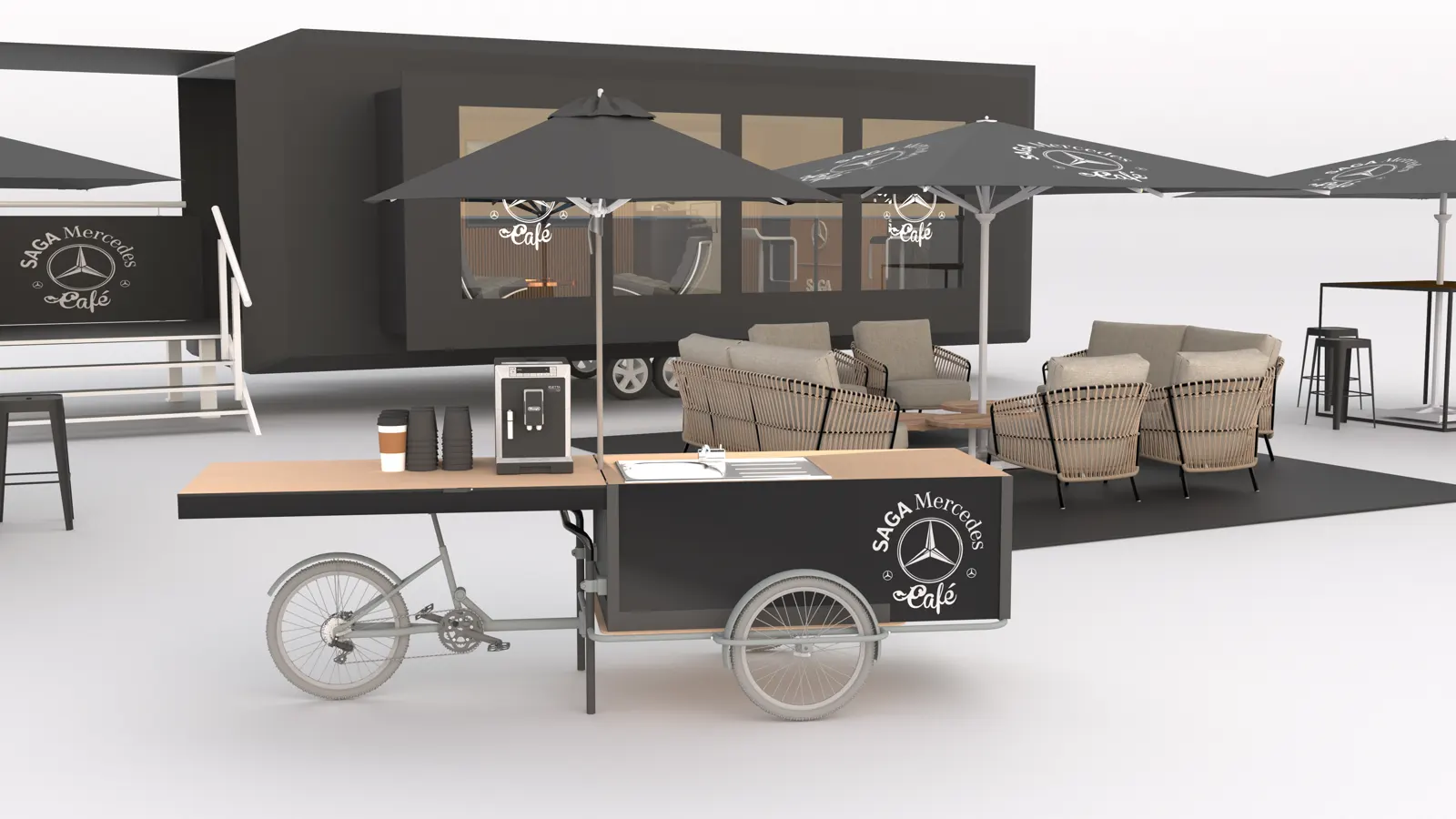 Rendu 3D d'un dispositif de scénographie événementielle : vélo-cargo aménagé en comptoir café avec machine expresso, entouré de parasols et d'un salon en mobilier tressé, devant une remorque habillée assortie