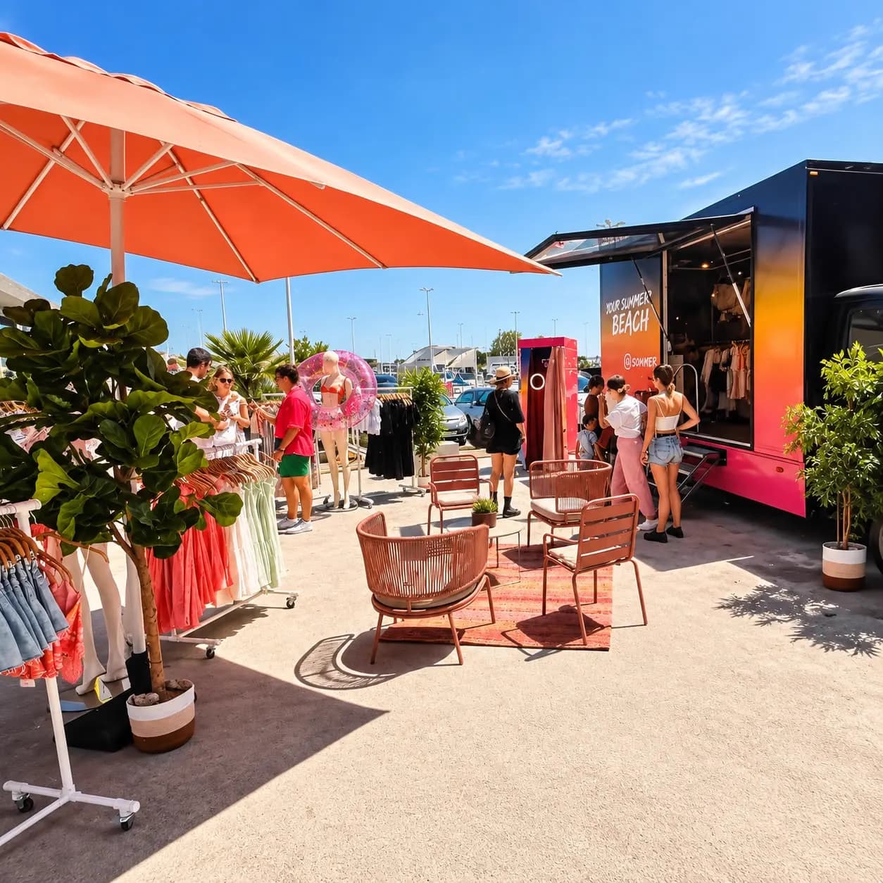 Stand extérieur d'une activation de marque : parasol et mobilier corail autour d'un camion noir à hayon ouvert transformé en boutique éphémère, portants de vêtements et visiteurs à proximité