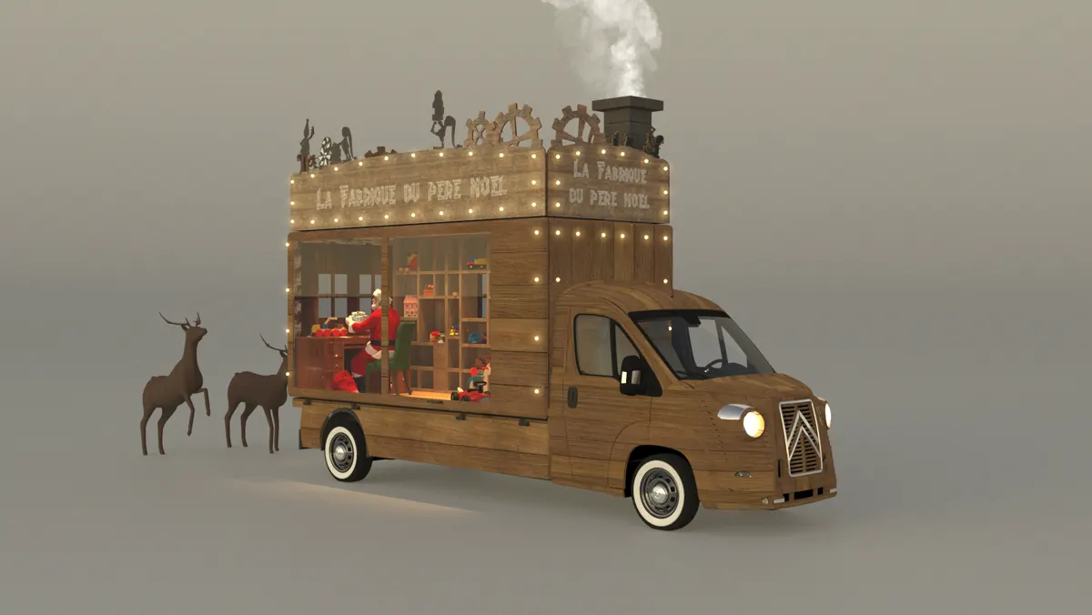 Rendu 3D du même camion vitrine habillé en fabrique de jouets : bardage bois, guirlandes lumineuses, cheminée fumante, atelier reconstitué derrière la vitrine et rennes découpés posés au sol