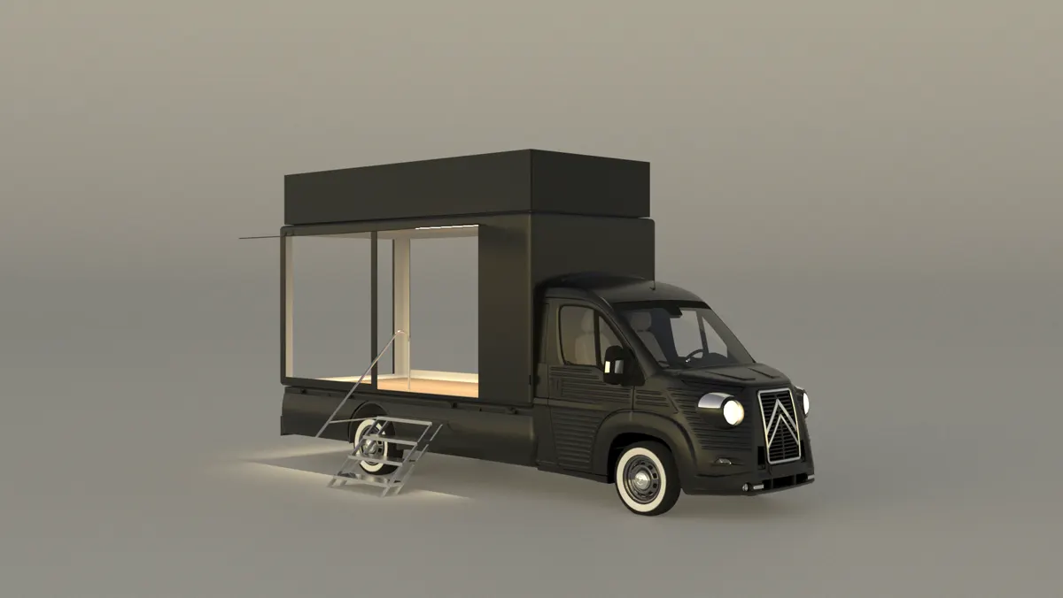 Rendu 3D d'un camion vitrine de type Citroën H sans habillage : carrosserie noire, vitrine latérale ouverte et marchepied déployé