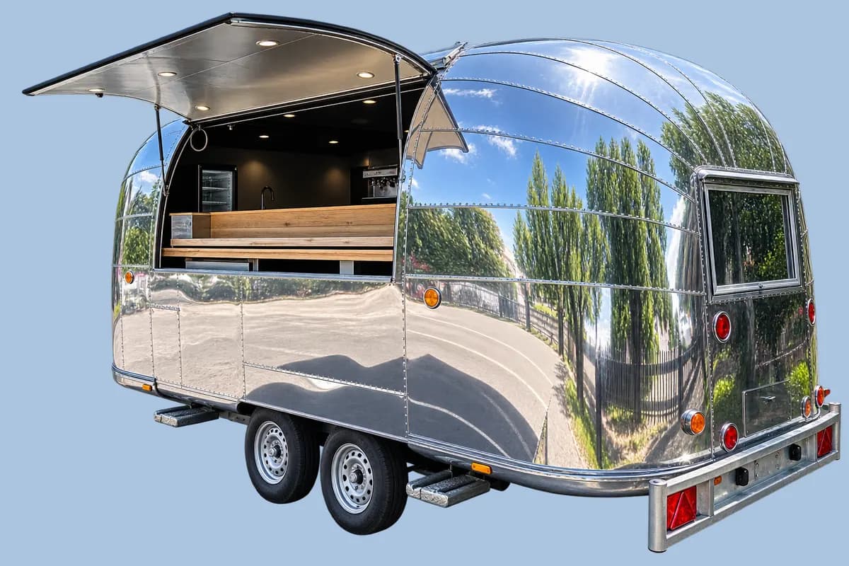 Caravane Airstream Flying Cloud 1963 chromée, auvent relevé sur le bar