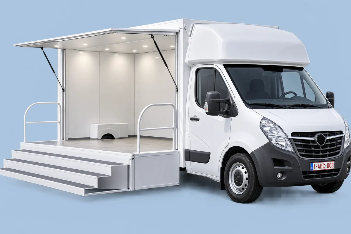 Camion podium blanc, flanc ouvert en scène avec marches d'accès