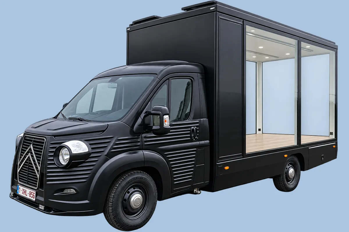 Camion vitrine Citroën noir, large baie vitrée latérale sur toute la caisse