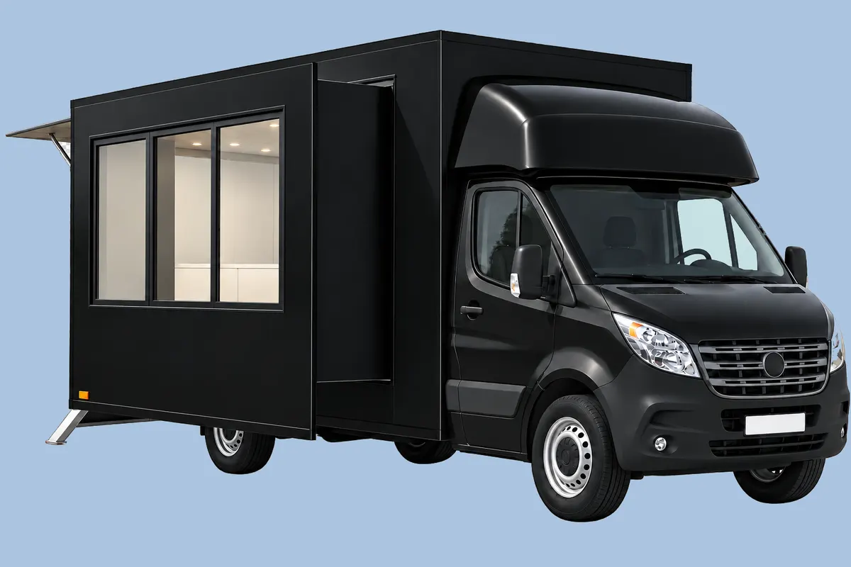 Flexi Space noir, camion à caisse vitrée avec auvent relevé