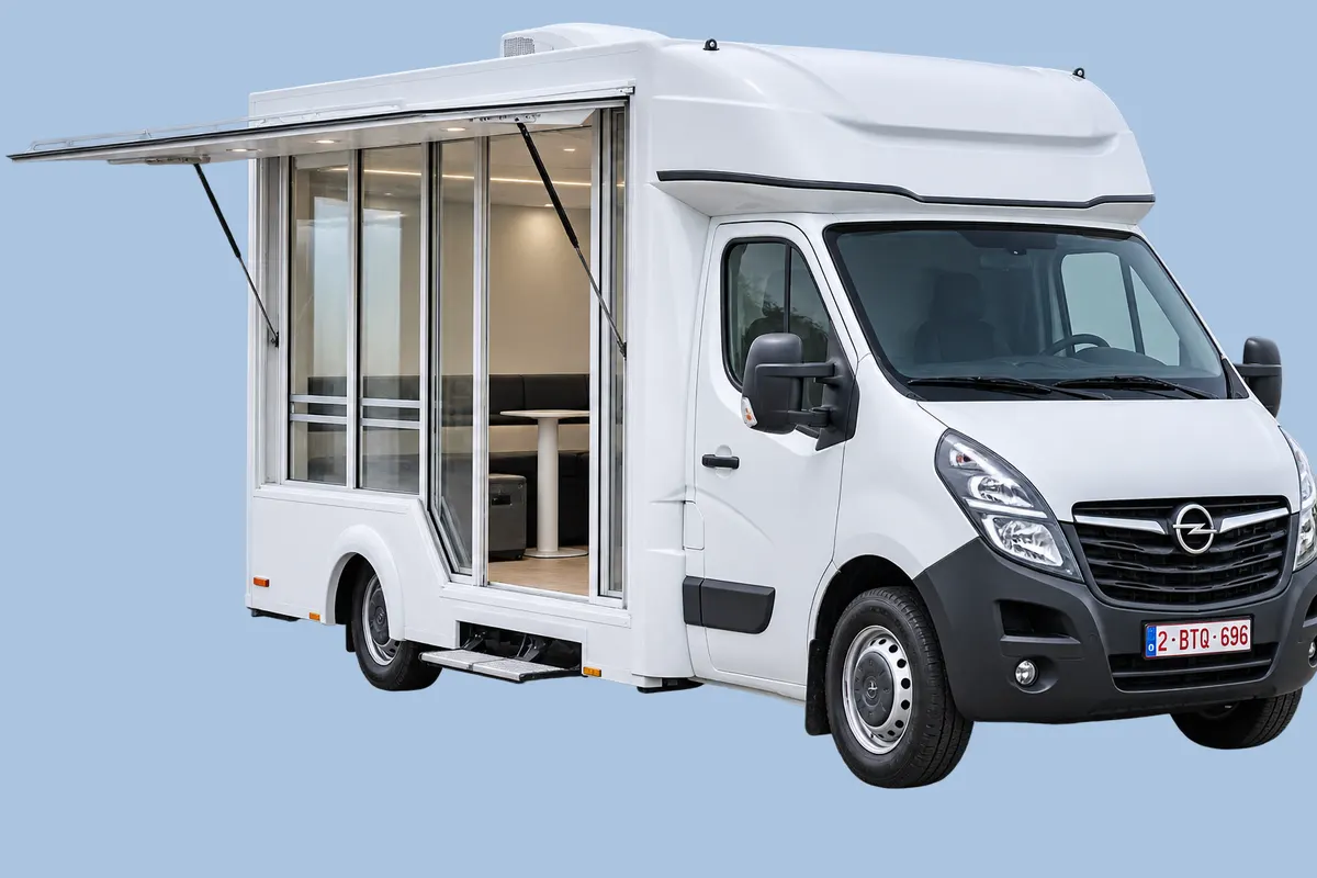 Infotruck blanc, auvent latéral déployé sur un côté entièrement vitré