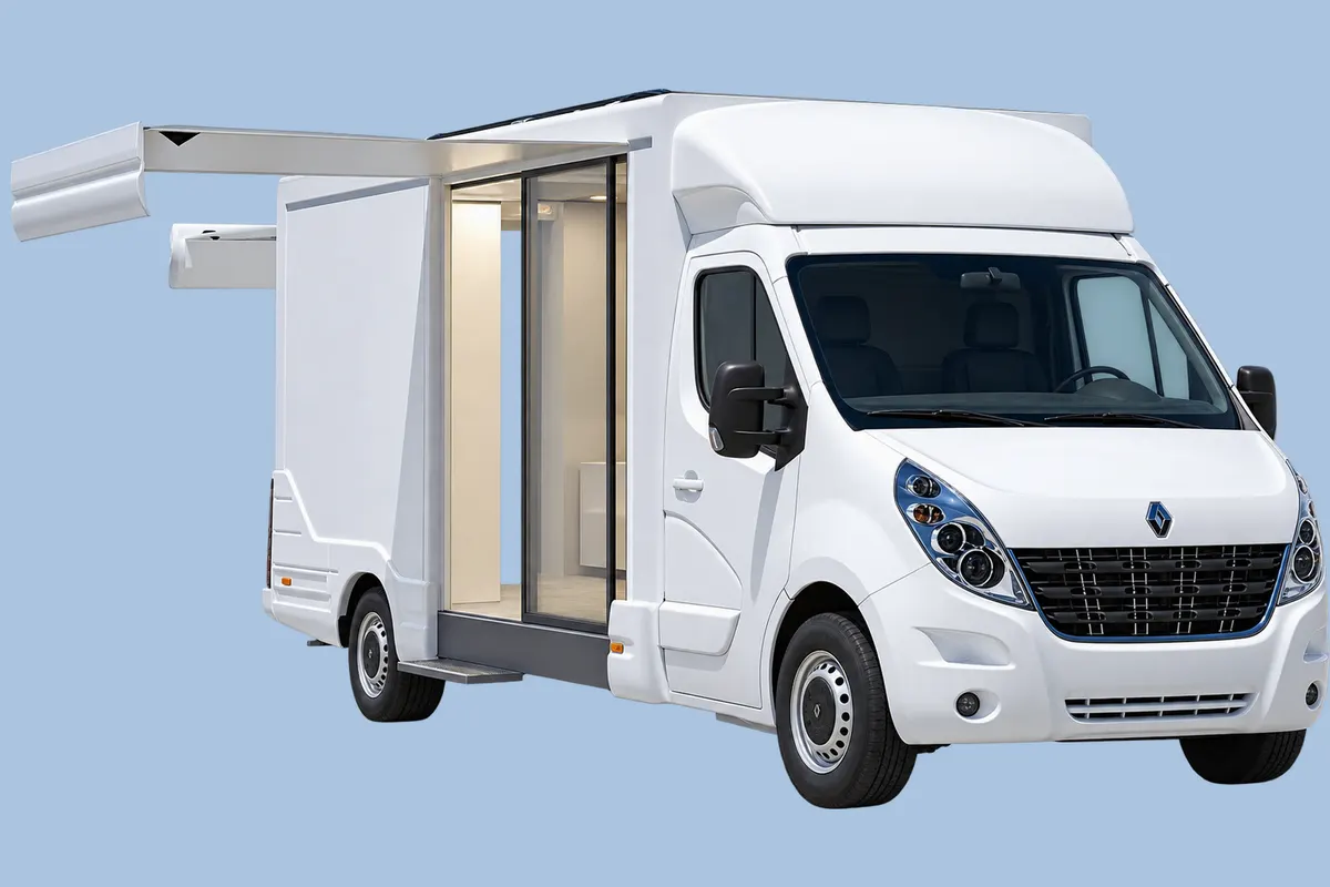 Infowheels blanc, auvent relevé et ouverture latérale sur l'aménagement intérieur