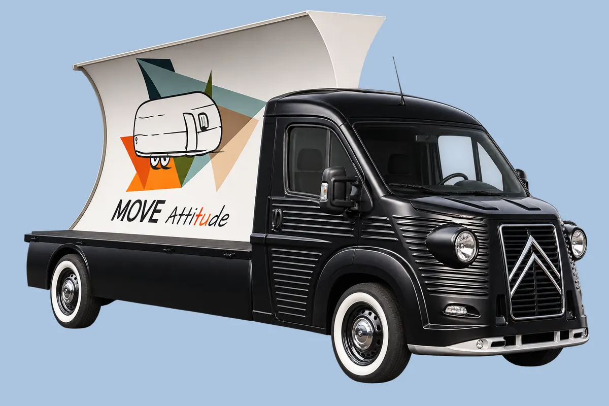 Promo Truck noir habillé aux couleurs Move Attitude, caisse publicitaire