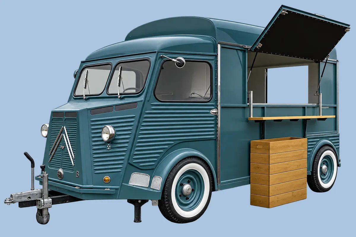 Remorque Citroën HY bleu-gris aménagée en food truck, hayon relevé et comptoir déployé
