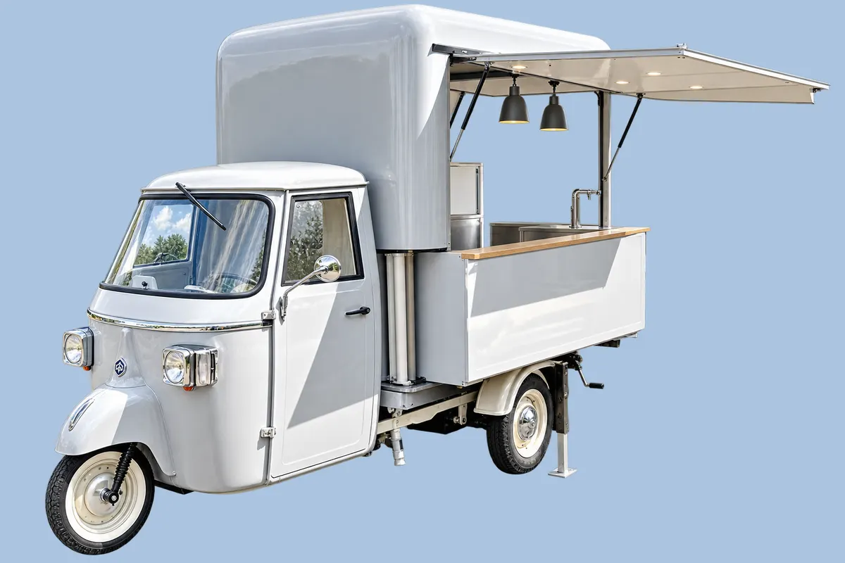 Triporteur électrique blanc, auvent relevé sur un comptoir de vente