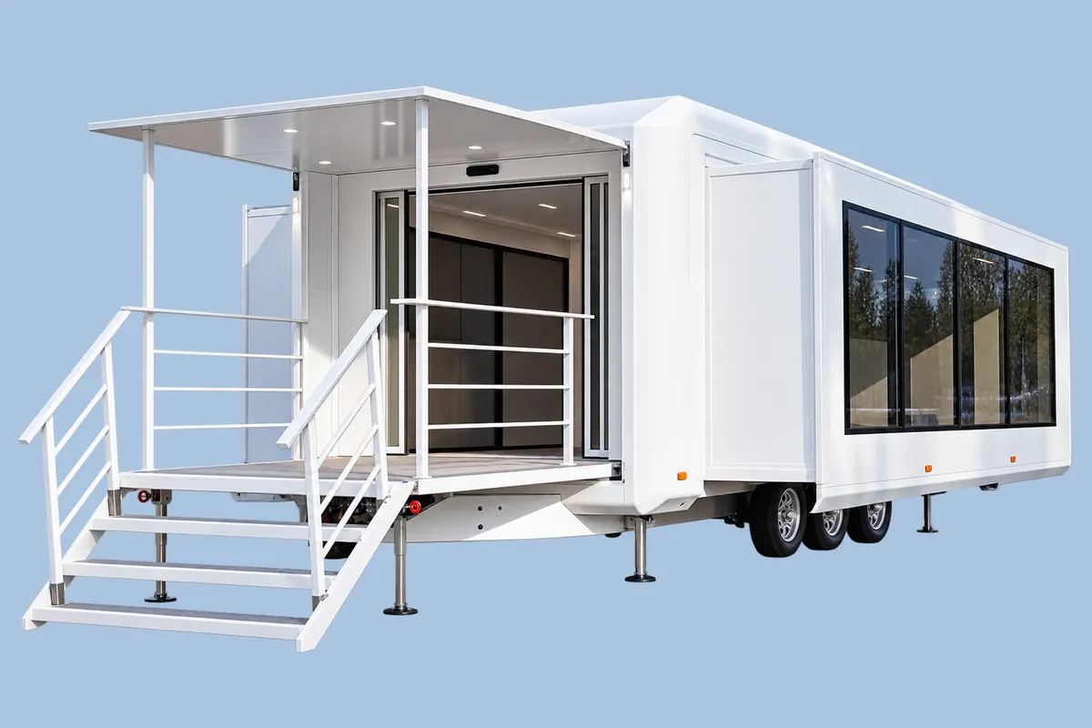 Module XL Space blanc déployé, escalier d'accès latéral et grande baie vitrée