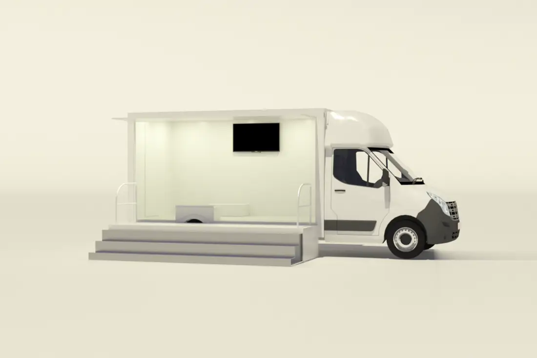 Camion podium blanc, flanc ouvert en scène avec marches d'accès