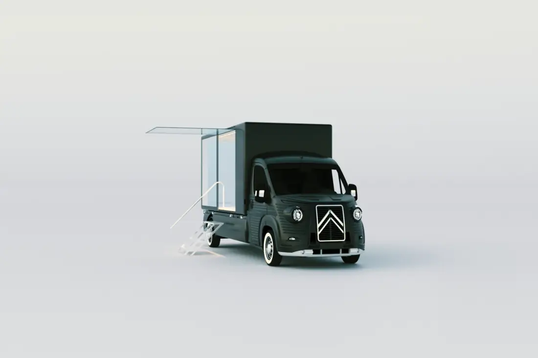 Camion vitrine Citroën noir, large baie vitrée latérale sur toute la caisse