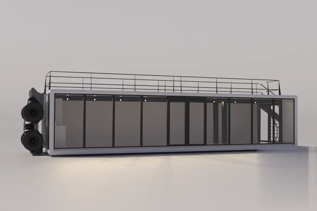 Module Expandable Touch Down déployé, façades vitrées et coursive en toiture