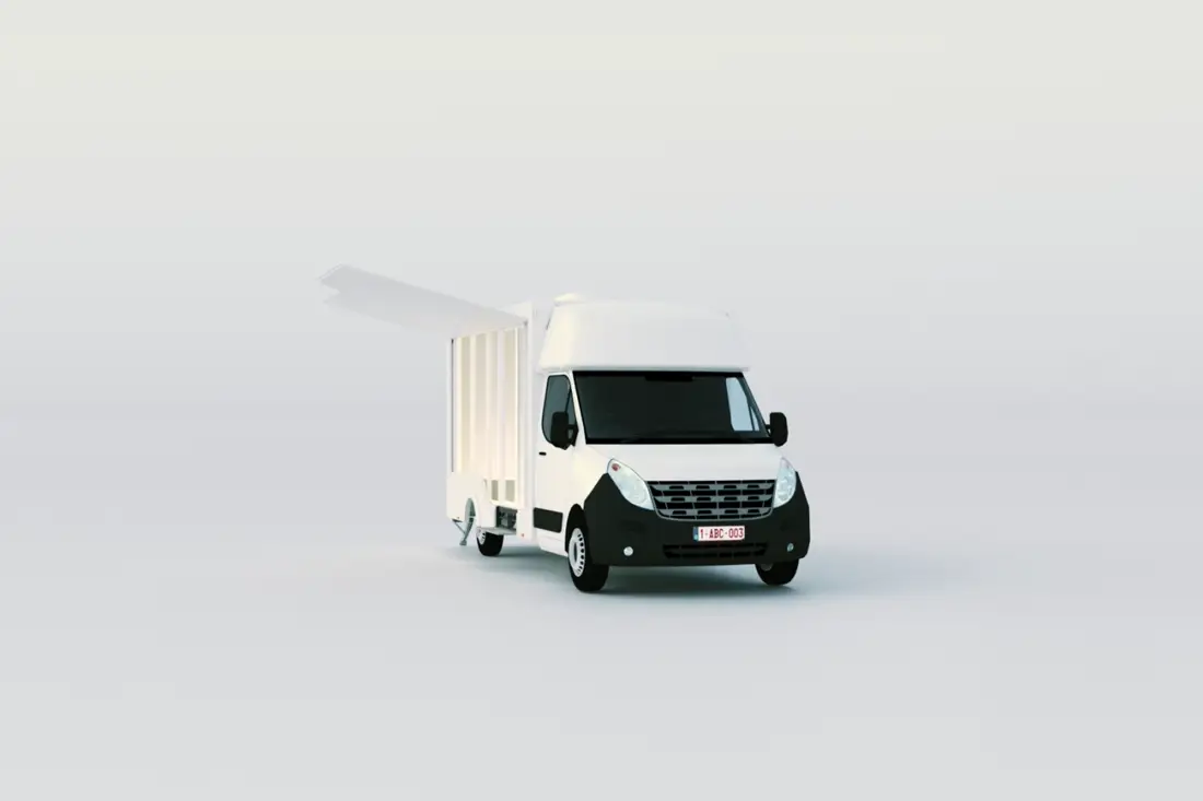 Infotruck blanc, auvent latéral déployé sur un côté entièrement vitré