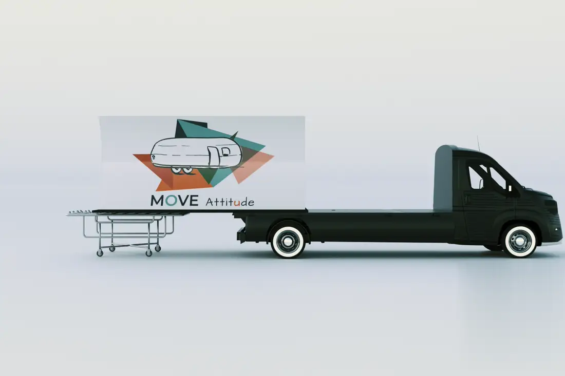 Promo Truck noir habillé aux couleurs Move Attitude, caisse publicitaire