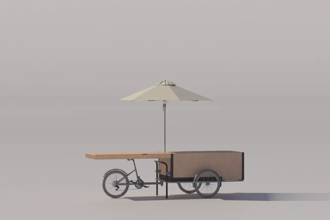 Vélo cargo en bois avec parasol, aménagé en comptoir mobile