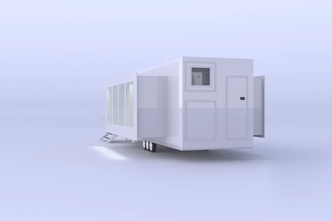 Module XL Space blanc déployé, escalier d'accès latéral et grande baie vitrée