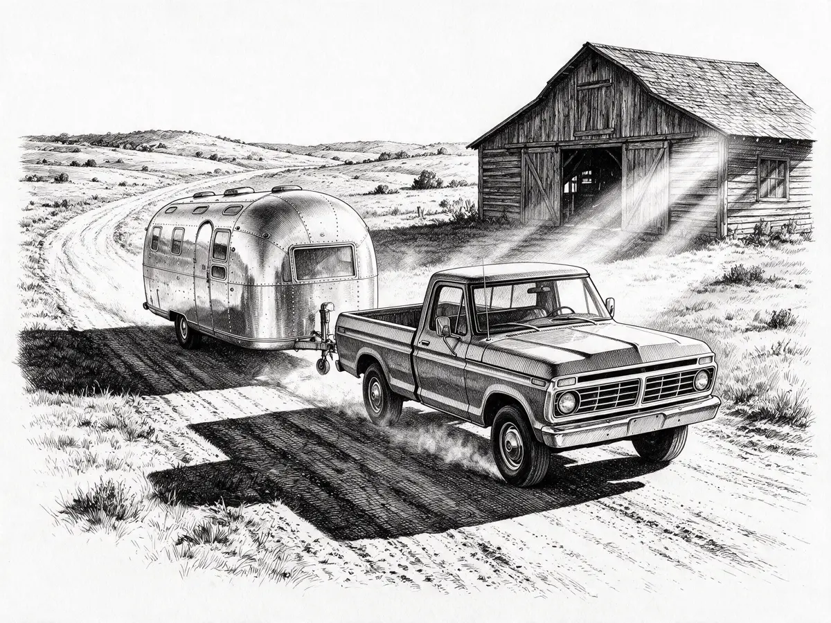 Dessin à l'encre : un pick-up ancien, bien visible à l'avant, tractant une caravane Airstream sur un chemin de terre qui s'éloigne d'une grange en bois, poussière soulevée par les roues.