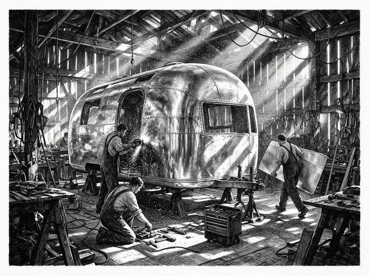 Dessin à l'encre : une équipe en atelier autour de l'Airstream mise sur chandelles, ponçage et outils.