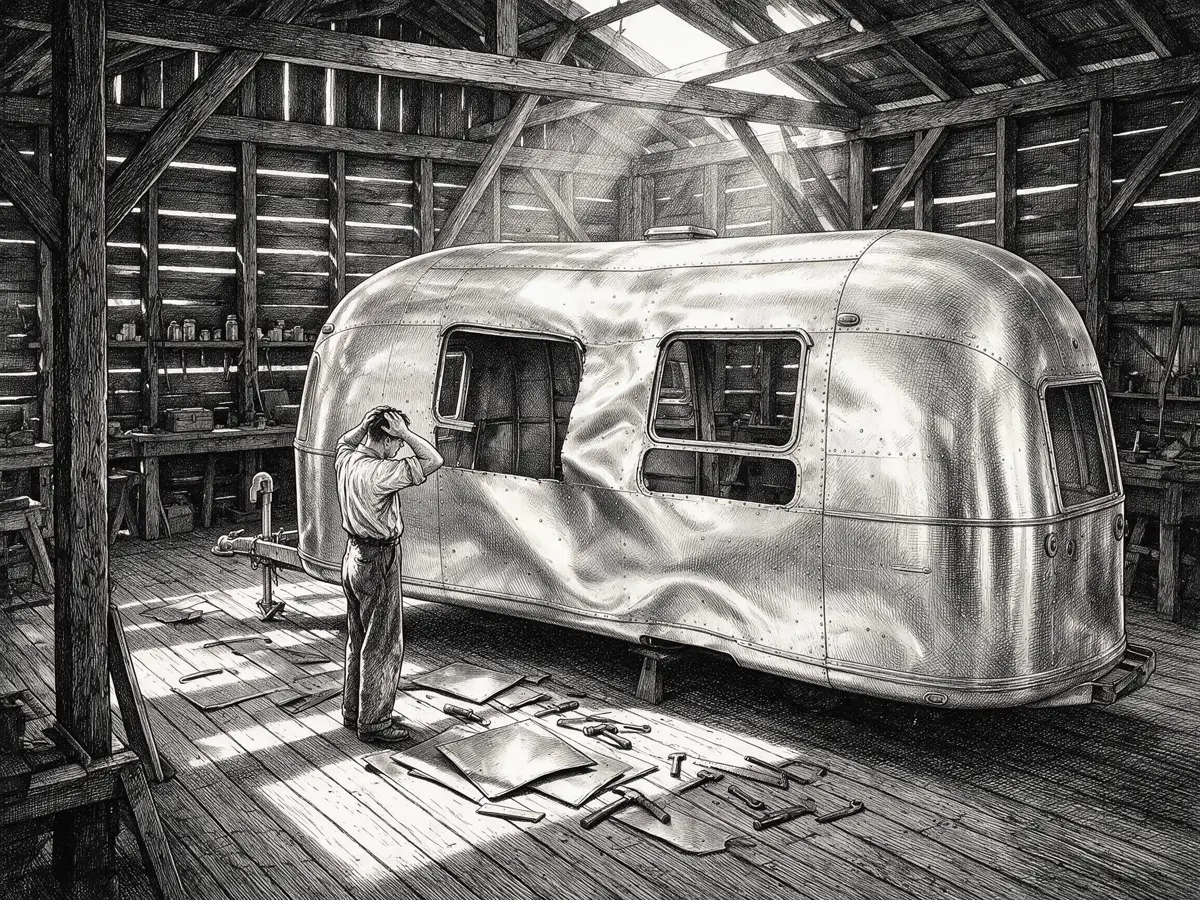 Dessin à l'encre : la carrosserie de l'Airstream s'affaissant légèrement autour de larges baies fraîchement découpées, un ouvrier debout devant, les mains sur la tête, panneaux et outils au sol.