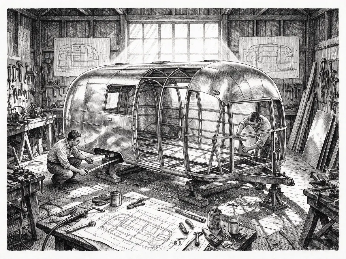 Dessin à l'encre : l'ossature métallique d'une seconde Airstream renforcée sur un bâti, plans techniques et mesures.