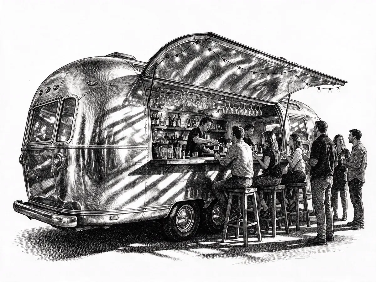 Dessin à l'encre : l'Airstream restaurée ouverte en bar mobile, comptoir, guirlandes lumineuses et public autour.