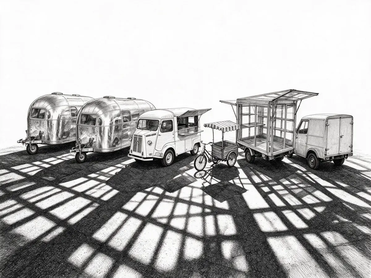Dessin à l'encre : six véhicules événementiels disposés en arc de cercle — deux Airstreams, un camion food truck ancien, un triporteur, un camion vitrine aux parois ouvertes et un fourgon.