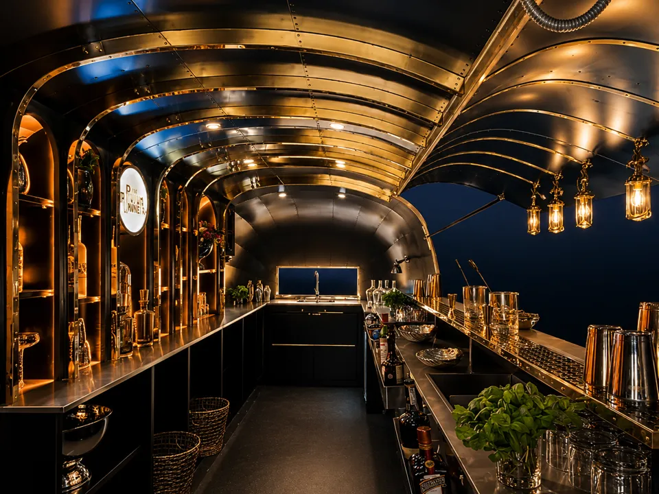 Intérieur doré d'une caravane Airstream aménagée en bar, bouteilles rétroéclairées sur les étagères
