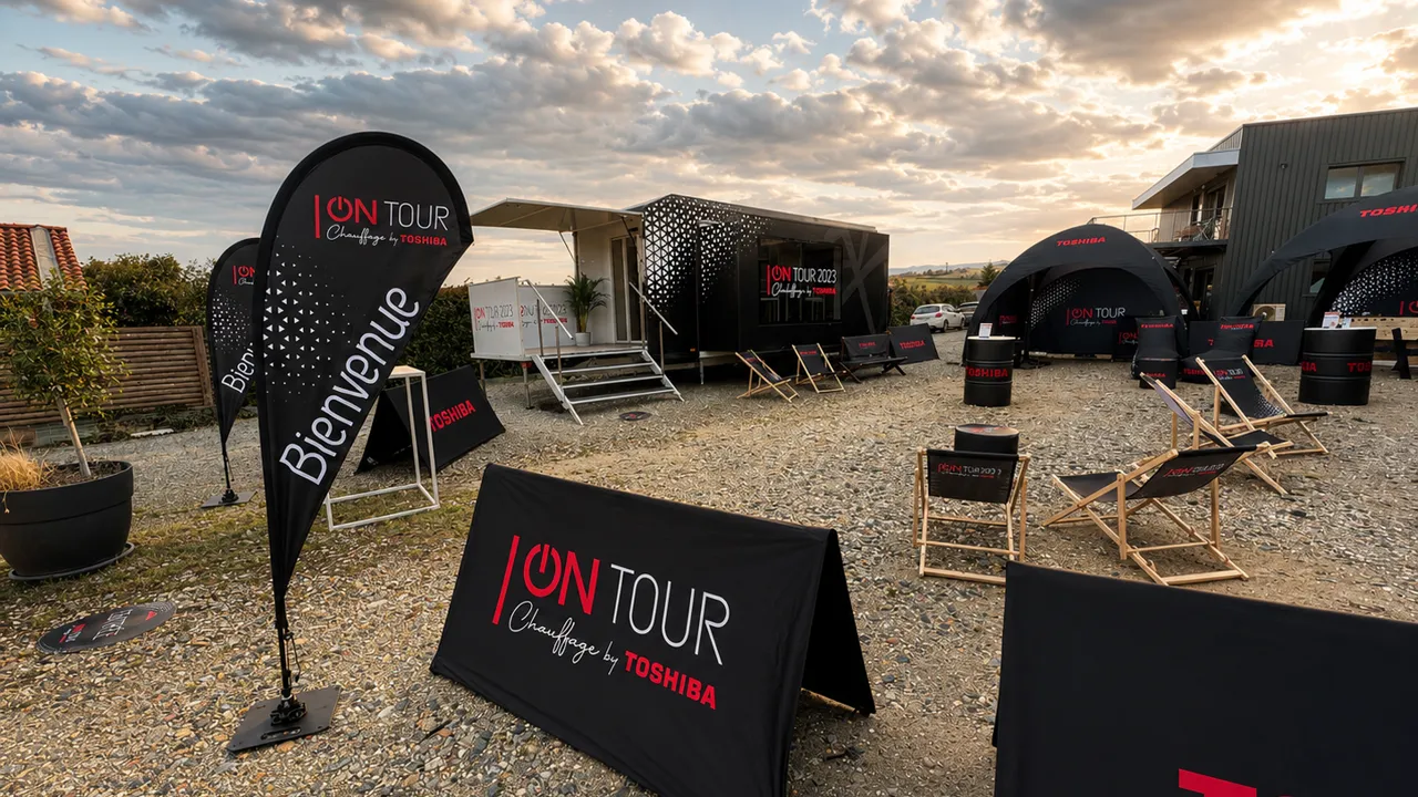 Camp Toshiba On Tour : unité mobile déployée, tentes noires et transats sous un ciel de fin de journée